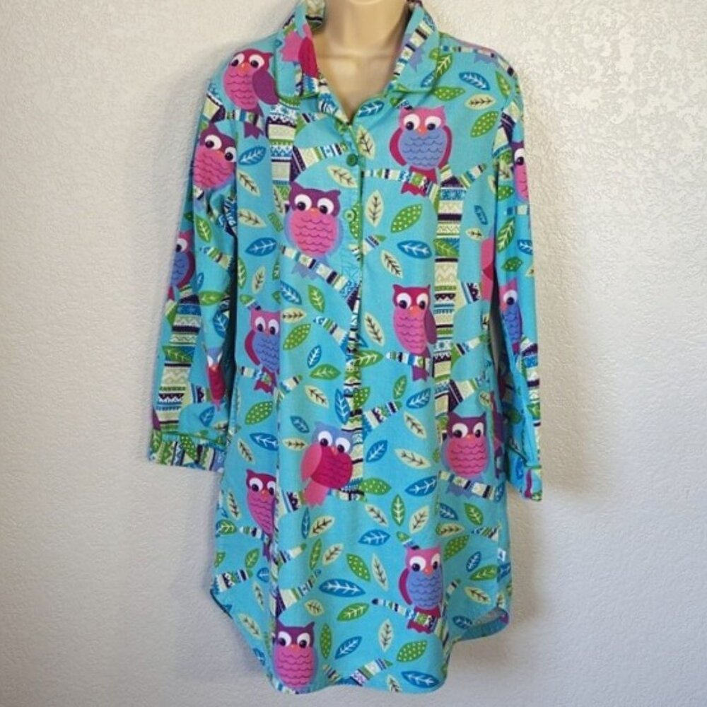 Nick & Nora Size M Sleepshirt Flannel Blue Owls Cotton Pajamas Pockets